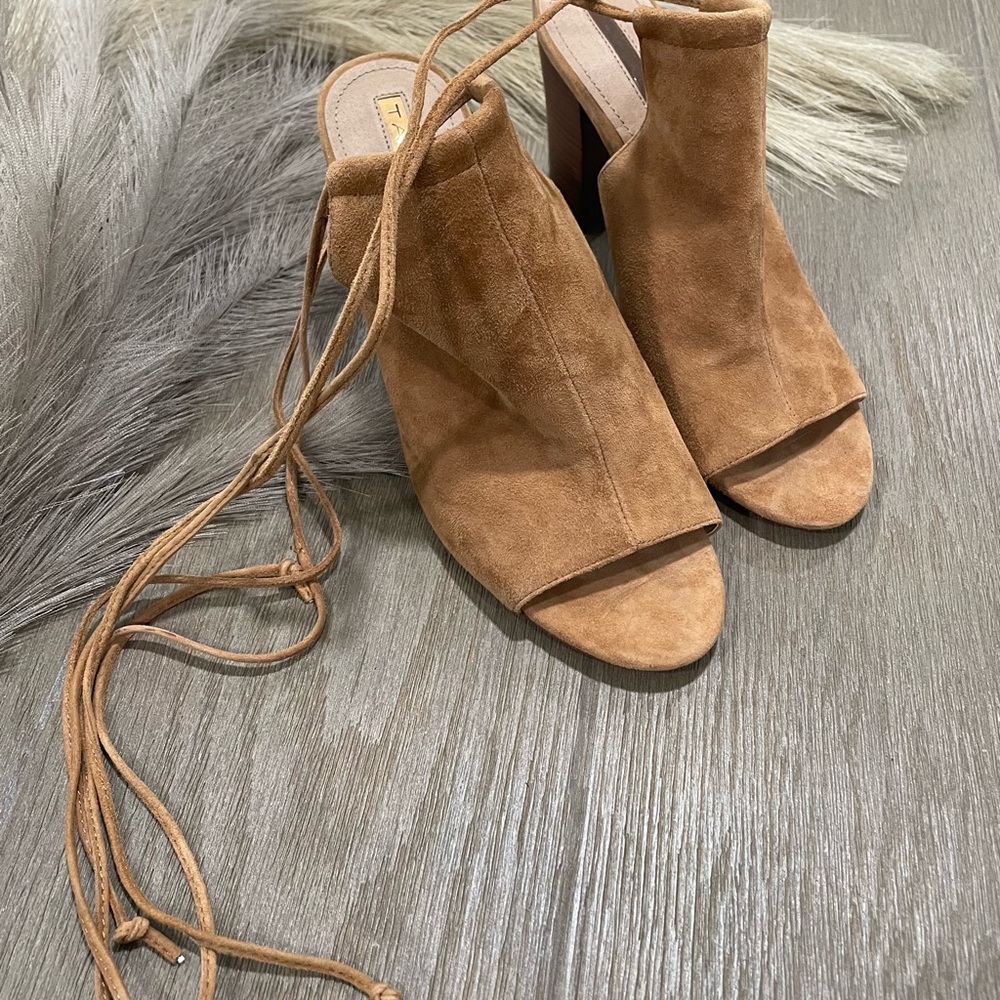 Tan Suede Open-Toe Women's Wrap up the ankle Heels